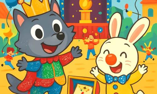 Un petit loup nommé Loulou, avec un pelage gris et des yeux pétillants, porte un costume de roi coloré avec des paillettes. Il danse joyeusement au milieu de la foule, souriant. À ses côtés, Milo, un lapin aux grandes oreilles et pelage blanc, est en costume de clown avec un nez rouge, sautant de joie. La scène se passe sur la place centrale de Rousseloup, décorée de guirlandes et de ballons, où des artistes jonglent et des enfants courent avec des cerfs-volants. Au fond, une scène illuminée et une statue en forme de flamme brillent. Loulou et Milo découvrent une boîte colorée avec une carte mystérieuse, prêts à percer le secret du carnaval.