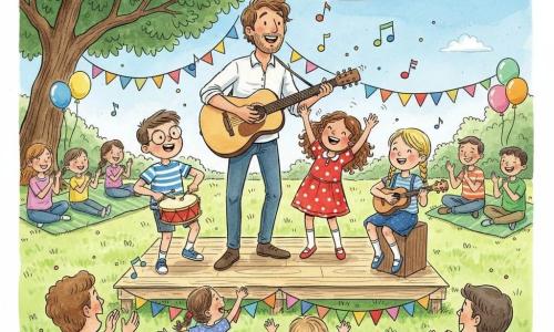 Un homme souriant la trentaine, Maxime, cheveux bruns légèrement bouclés en chemise claire avec une guitare acoustique claire chante sur une petite scène en planches ; Clara, environ 8 ans, cheveux bouclés châtain en robe rouge à pois, sourit et chante mains levées ; Jules, environ 9 ans, lunettes rondes et t‑shirt rayé, frappe un petit tambour rouge à gauche de Maxime ; Emma, environ 7 ans, tresses blondes et jupe bleue, joue un ukulélé assise sur une caisse à droite ; en arrière‑plan des parents assis sur des couvertures vertes applaudissent et des enfants dansent ; parc ensoleillé sous un grand chêne, scène décorée de guirlandes et de ballons, herbe verte, ciel bleu clair avec quelques nuages, ambiance chaleureuse et colorée de petit concert en plein air, notes de musique dessinées, lumières douces, traits d'encre et lavis d'aquarelle lumineux.