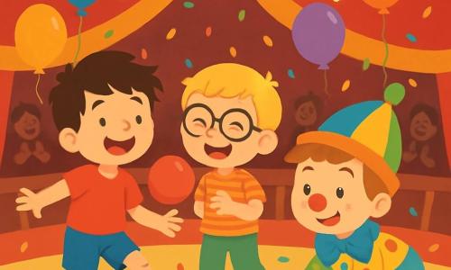 Il y a trois personnages : Jules, un garçon de 6 ans avec des cheveux bruns en bataille, un t-shirt rouge et un short bleu, jongle avec un ballon rouge, souriant. Léon, 5 ans, blond avec des lunettes rondes, porte une chemise à rayures et un pantalon vert, rit après avoir fait tomber le ballon. Max, 4 ans, avec des cheveux châtains et un chapeau de clown, est accroupi pour ramasser le ballon. L'action se déroule dans un chapiteau de cirque aux rayures rouges et jaunes, illuminé par des lumières scintillantes, avec des spectateurs riant et applaudissant. Les garçons jouent avec le clown Gribouille, créant une ambiance joyeuse et festive.