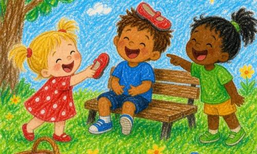 Une petite fille de 2 ans, Lina, cheveux blonds en couettes, robe rouge à pois blancs, tend une chaussure en souriant; Tom, environ 3 ans, cheveux châtain courts, chemise bleue, assis sur un banc bas rit avec une chaussure posée de travers sur la tête; Zoé, environ 3 ans, cheveux noirs en queue de cheval, t-shirt vert, debout près d'un seau renversé montre la chaussure en riant; coin de parc ensoleillé avec banc en bois, herbe parsemée de fleurs jaunes, petit seau bleu et panier de goûter; scène légère et colorée, traits simples au crayon, couleurs vives et textures grainées.