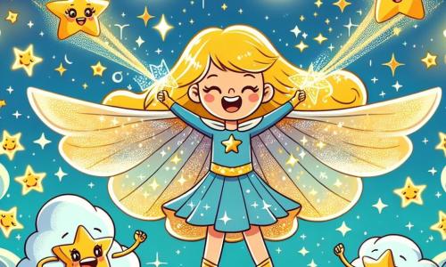 Super Étoile, une femme héroïque avec de longs cheveux dorés et un costume scintillant, vole joyeusement dans le ciel, un grand sourire sur le visage. Elle déploie ses ailes magiques, entourée d'étoiles brillantes qui montrent sa détermination et sa joie. Le petit nuage, un personnage secondaire, est doux et arrondi, avec des yeux tristes, flottant en dessous de Super Étoile et regardant avec espoir les étoiles. Les étoiles, des créatures lumineuses aux visages joyeux, dansent autour d'elle, créant une atmosphère festive. La scène se déroule dans un ciel bleu éclatant, avec des nuages cotonneux et une lune douce qui éclaire le paysage nocturne. Super Étoile rassemble les étoiles perdues s'échappant de derrière la lune pour les ramener au petit nuage, créant un moment de bonheur et d'amitié dans le ciel.
