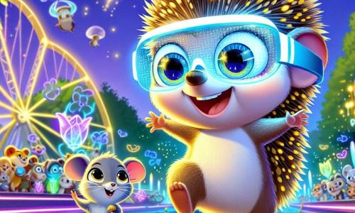 Hector, un petit hérisson aux piquants dorés et aux yeux curieux, porte des lunettes de réalité augmentée brillantes et saute de joie, souriant largement. À ses côtés, sa meilleure amie Lila, une petite souris grise aux grandes oreilles, l'observe avec émerveillement, tenant une pâtisserie. Ils se trouvent dans un parc futuriste de Lumiville, peuplé d'arbres luminescents, d'hologrammes de jeux interactifs et d'animaux autour d'une fontaine scintillante, tandis que des voitures volantes ajoutent une touche magique. Ensemble, ils explorent la technologie des lunettes de réalité augmentée, interagissant avec des hologrammes colorés et captivant une foule d'animaux émerveillés.