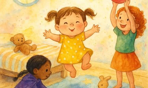 Trois filles jouent dans une chambre d'enfant colorée au sol en bois clair : Zoé, 2 ans, petite et joufflue aux couettes et robe jaune à pois, saute au centre en soufflant joyeusement ; Lila, 3 ans, fine aux tresses et drap violet en cape, est à gauche agenouillée pour récupérer un ballon roulant sous le lit ; Mia, 4 ans, plus grande aux cheveux roux bouclés, t-shirt vert et jupe orange, tient le ballon brillant très haut en souriant ; tapis étoilé, lit bas à couverture rayée, peluches éparpillées, fenêtre ronde laissant entrer une lumière douce, murs ornés d'éclaboussures aquarelle pour un effet magique.