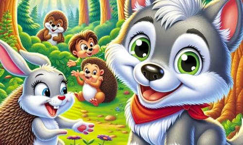Loulou, un petit loup gris souriant, rit joyeusement en jouant à cache-cache avec ses amis dans la forêt. Léa, une lapine blanche, est cachée derrière un arbre, prête à surprendre Loulou, tandis que Tom, un hérisson brun, observe la scène avec curiosité. La forêt est luxuriante, avec des arbres verts, des fleurs colorées et une lumière dorée. Cette scène met en avant la joie de l'amitié et la célébration des différences dans un cadre enchanteur.
