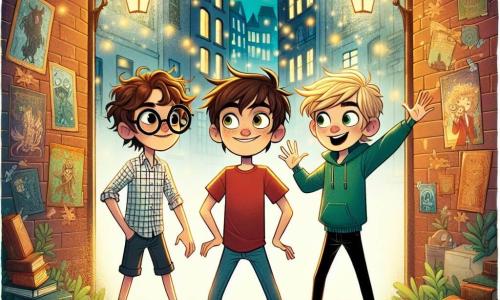 Trois garçons d'environ 10 ans se tiennent au centre de la scène. Max, aux cheveux bruns et aux yeux pétillants, porte un t-shirt rouge et un short bleu, souriant d'excitation. À sa droite, Lucas, avec des cheveux blonds et des lunettes rondes, est vêtu d'une chemise à carreaux et d'un pantalon noir, levant les bras en l'air. À gauche, Hugo, aux cheveux châtains, porte un sweat à capuche vert et un jean, affichant une expression d'émerveillement. Ils se trouvent dans une ruelle magique de Lumièreville, ornée de graffitis colorés. Des lampadaires scintillants illuminent la scène, et des livres volants flottent autour d'eux. Ils découvrent une porte en bois dorée qui s'ouvre sur un monde fantastique, prêts à entrer, leurs visages illuminés par la curiosité et l'aventure.