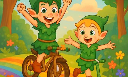 Dans une forêt enchantée, Léo, un lutin espiègle aux cheveux verts, sourit sur son vélo en bois orné de fleurs, prêt pour l'aventure. À ses côtés, son petit frère Max, un lutin blond, est sur sa trottinette à trois roues décorée de feuilles scintillantes, affichant une joie débordante. La scène se déroule sur une colline Arc-en-Ciel, avec des fleurs colorées et un ciel pastel. Les deux frères rient en courant vers le sommet, où un goûter royal les attend.