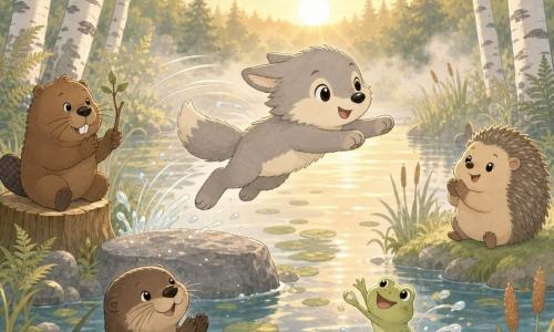 Lupo, petit loup joueur gris clair au ventre crème, est en plein saut depuis un rocher, visage joyeux et déterminé, oreilles rabattues, pattes étendues, entouré de gouttes d’eau et lignes de mouvement ; Balthazar, vieux castor brun aux grosses moustaches, assis sur une souche en bas à gauche, applaudit avec une petite branche ; Mina, loutre brune lisse, est dans l’eau près des nénuphars, regard encourageant ; Zoé, grenouille vert clair, saute à la surface à droite de Lupo, yeux ronds enthousiastes ; Gaspard, hérisson beige et piquant, applaudit depuis la rive, expression ravie ; lieu : étang matinal dans une clairière boisée avec eau miroitante aux reflets dorés du lever de soleil, légère brume, nénuphars, joncs, grands bouleaux, fougères et rocher plat gris texturé au premier plan ; situation : moment de triomphe juste avant le splash, composition dynamique centrée sur Lupo en vol, couleurs pastel douces, contours nets, formes simples, ambiance d’entraide et de joie sportive.