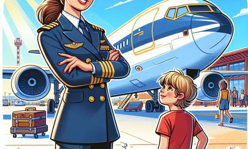 La capitaine Zoé, pilote confiante en uniforme bleu marine, sourit avec des lunettes de soleil sur le front. Elle se tient devant un grand avion, les bras croisés, examinant attentivement une aile. À ses côtés, Arthur, un garçon de 7 ans aux cheveux blonds en bataille, observe l'avion avec émerveillement, vêtu d'un t-shirt rouge et d'un short bleu. L'aéroport est animé, avec des avions colorés, des bagages et des passagers en mouvement. Zoé inspecte l'aile avant le décollage, tandis qu'Arthur, curieux, l'admire, impatient de vivre une aventure dans les airs.