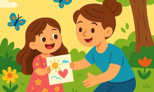 Une petite fille de 4 ans, avec de longs cheveux bruns et des yeux pétillants, se tient dans un jardin ensoleillé, souriante. Elle porte une robe rose à fleurs et tient un dessin coloré. À côté d'elle, sa maman, une femme d'environ 30 ans avec des cheveux châtains en chignon, la regarde avec tendresse, prête à l'enlacer. Le jardin est rempli de fleurs colorées et de papillons, créant une atmosphère chaleureuse. La scène montre la petite fille offrant fièrement son dessin à sa maman, célébrant la fête des mères dans un moment de complicité.