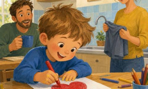 Un garçon de 4 ans, cheveux châtain clair en bataille, joyeux et concentré, dessine un grand cœur rouge sur une feuille avec un gros crayon, doigts tachés de peinture; la mère (~30 ans) souriante, queue de cheval, tient un vieux t‑shirt de papa près de l'évier; le père (~35 ans), barbe courte, assis à la table en arrière-plan, le regarde surpris et heureux, tasse de café à la main; cuisine lumineuse aux murs crème et carreaux bleu pâle, table en bois clair couverte de papiers, crayons, banane et pot de peinture ouvert; ambiance matinale douce — l'enfant prépare une surprise pour la fête des pères.