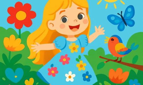 La princesse Élise, une fillette d'environ 8 ans aux longs cheveux dorés et aux yeux pétillants, se trouve dans un jardin enchanté. Elle porte une robe légère couleur ciel ornée de fleurs multicolores et son visage exprime l'émerveillement. À ses côtés, un petit oiseau aux plumes arc-en-ciel chante sur une branche, tandis qu'un papillon bleu aux ailes scintillantes vole autour d'elle. Le jardin est féerique, rempli de fleurs géantes, de buissons en forme de cœurs et d'un ruisseau cristallin. Élise danse joyeusement parmi les fleurs, les bras ouverts, sous un soleil rayonnant, créant une atmosphère de bonheur et d'aventure.