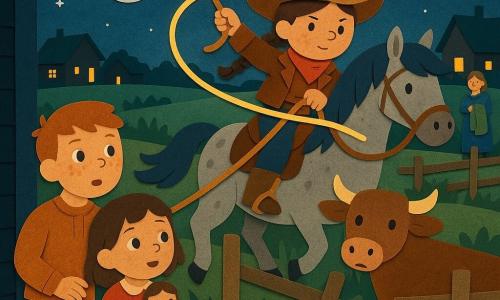 Amelia, une cow‑girl courageuse au visage rond et tresse brune, chevauchant Lune, un grand cheval gris à la crinière flottante, lance un lasso lumineux pour rassembler une vache brune surprise vers l’enclos tandis que Mme Carter, soulagée, tient une couverture près d’une barrière cassée, Tom, environ 10 ans aux taches de rousseur, et la petite Rose de 6 ans avec sa poupée observent depuis le porche; le tout se déroule dans une prairie nocturne aux herbes découpées, clôtures en bois, lune argentée, ciel étoilé et lanternes jaunes au loin.