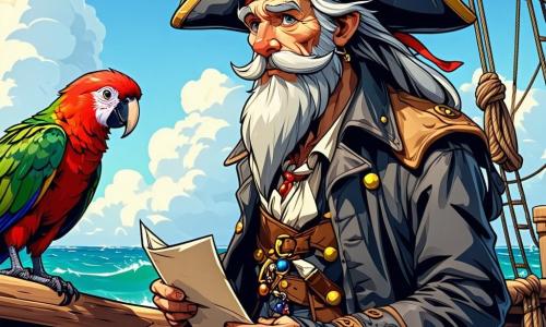 Le capitaine Griffe d’Argent, un homme de 60 ans avec une longue barbe argentée et un chapeau de pirate, se tient sur le pont de son navire, l’Écume des Rêves, tenant une lettre mystérieuse. À ses côtés, Léo, un perroquet aux plumes vertes et bleues, observe l'horizon, tandis que Mireille, une jeune fille de 12 ans avec des cheveux bouclés, scrute la mer avec une longue vue, prête à repérer des dangers. Le port est animé, avec des voiles colorées et des bateaux amarrés. Le capitaine, déterminé, se prépare pour une aventure à la recherche du trésor de la Sirène d’Azur.