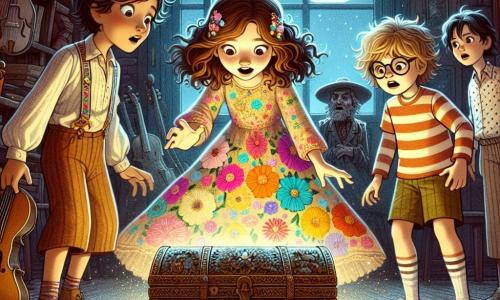 Au centre de l'image, Clara, une fille de 8 ans aux cheveux bruns et bouclés, est penchée vers un vieux coffre mystérieux, son visage exprimant curiosité et excitation. À sa droite, Tom, un garçon aux cheveux blonds, l'observe avec émerveillement et inquiétude, tandis qu'à gauche, Léa, aux cheveux noirs lisses, regarde la scène avec peur et fascination. Ils se trouvent dans une salle de musique sombre, avec des murs en bois ancien et des instruments oubliés. La lumière de la lune crée une ambiance mystérieuse. Ils découvrent un livre magique brillant, sous le regard bienveillant d'une silhouette lumineuse d'une vieille dame en arrière-plan.
