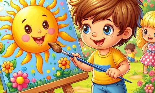 Un petit garçon de 4 ans, Tom, avec des cheveux bruns en bataille et des yeux pétillants, peint un grand soleil sur une toile. Il porte un t-shirt jaune et un short bleu, souriant d'excitation. À côté, Léa, une petite fille de 4 ans avec des couettes blondes et une robe rose à pois, admire son tableau, les mains sur les hanches. La scène se déroule dans un jardin ensoleillé, rempli de fleurs colorées, avec des enfants qui jouent en arrière-plan et des tables en bois couvertes de pots de peinture. Tom et Léa sont plongés dans leur peinture, dans une ambiance joyeuse et créative, où l'amitié et l'imagination s'épanouissent.