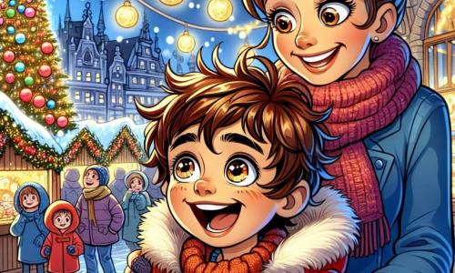 Un garçon de 7 ans, Louis, avec des cheveux châtains en bataille et des yeux curieux, se tient au centre de l'image, souriant d'émerveillement. Il porte un manteau rouge et des gants en laine, fasciné par un immense sapin de Noël décoré. À ses côtés, sa maman, une femme d'environ 35 ans avec des cheveux bruns en chignon et un sourire chaleureux, tient sa main tout en observant le marché. Elle est vêtue d'un manteau bleu et d'une écharpe en laine, heureuse de partager ce moment. Le marché de Noël est animé, avec des chalets en bois décorés de lumières et des enfants jouant autour d'eux. Louis pointe l'étoile scintillante au sommet du sapin, tandis que sa maman l'encourage, capturant l'esprit festif de cette journée spéciale.