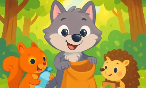 Un petit loup nommé Léo, avec une fourrure grise et des yeux brillants, se tient au centre d'une forêt. Il ramasse des déchets avec un grand sac en toile, affichant détermination et joie. À sa droite, une hérisson nommée Hélène, avec des piquants dorés, le regarde avec admiration en tenant un carton recyclé. À sa gauche, une écureuil espiègle nommée Émilie, avec une fourrure rousse, sourit en tenant une bouteille en plastique prête à la mettre dans le sac. La forêt est verdoyante, avec des arbres majestueux et des fleurs colorées, mais jonchée de déchets. Léo et ses amis s'engagent à nettoyer leur environnement, sourires aux lèvres.