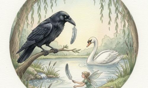 Un corbeau noir au plumage lustré, tenant une grande plume argentée et l'air contrit, est perché près d'une petite source tandis qu'un cygne blanc au regard bienveillant l'observe depuis la berge droite; la Fée des Ruisseaux, minuscule comme une pomme, aux cheveux semblables à des fils d'eau et à la robe aux reflets bleus et verts, est agenouillée et tend la main vers la plume sur la terre humide, dans une clairière ronde bordée de saules, herbe mouillée et petit bassin miroitant — instant paisible du retour de la plume, composition centrée, touches aquarelle.