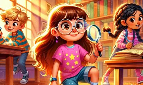 Léna, une petite fille de 8 ans aux longs cheveux bruns et lunettes rondes, montre une expression déterminée. Elle porte un t-shirt rose avec des étoiles et un short en jean, tenant une loupe. À ses côtés, Tom, un garçon de 8 ans aux cheveux blonds en bataille, observe une empreinte de chaussure, intrigué, tandis qu'Amira, 7 ans avec des cheveux noirs tressés, feuillette un livre ancien, surprise. La scène se déroule dans une bibliothèque scolaire chaleureuse, avec des étagères en bois remplies de livres colorés et des rayons de lumière filtrant à travers une grande fenêtre. Léna et ses amis enquêtent pour retrouver un livre ancien disparu, scrutant le sol et les étagères à la recherche d'indices.