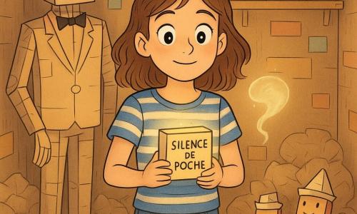 Lina, 12 ans, au centre, visage émerveillé et serein, cheveux châtain mi-longs légèrement bouclés, t-shirt rayé bleu et blanc et jean, tient contre sa poitrine une petite boîte étiquetée « SILENCE DE POCHE » qui diffuse une douce lueur. Derrière elle à gauche, Monsieur Scotch, majordome non humain fait de boîtes et de ruban adhésif, silhouette anguleuse avec moustache au marqueur, observe poliment; à droite, Ploc et Ploc, deux petites boîtes d’allumettes animées coiffées de chapeaux en papier, l’un applaudit timidement, l’autre tient une étiquette « À RECYCLER EN HISTOIRES DRÔLES ». Le Silence apparaît comme une auréole de lumière liquide et pâle au-dessus du bassin de la Chambre des Chuchotements, un espace du Palais de Cartons aux murs en carton ondulé décorés d’étiquettes, étagères de bocaux de chuchotements, coussins en papier disposés en cercle et bassin lumineux en carton verni; ambiance calme, chaleureuse et enfantine, textures contrastées (carton rugueux, papier bulle moelleux, lueur translucide), style graphique clair aux lignes nettes et couleurs chaudes et pastel.