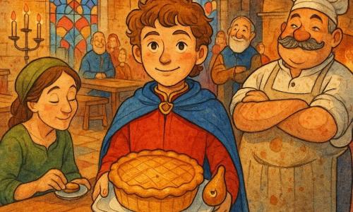 Le prince garçon au visage rond et cheveux châtains bouclés, sourire contenu, tient au centre une tarte dorée sur un plat en faïence; à sa droite le chef Armand, moustache grise et tablier taché, sourit fier éclairé par le four; à gauche une jardinière en robe verte, mains un peu terreuses, reçoit une part les yeux fermés; en arrière un tisserand à la barbe blanche observe amusé, entouré d’invités colorés; sur le coin du plat repose la petite Corne d’Argile ocre brillante, comme un œil qui a aidé la tarte; la grande salle aux vitraux projette des taches rouges et bleues sur tapis et longues tables en bois, chandeliers suspendus et cheminée fumante; scène chaleureuse et intime, lumière dorée sur la pâte caramélisée, visages adoucis et atmosphère de gratitude collective.