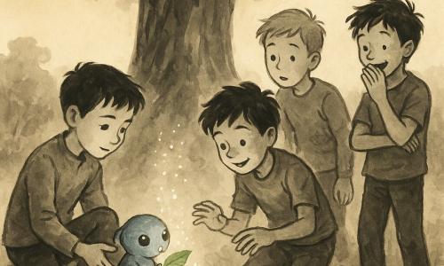 Cinq personnages devant un vieux chêne en fin d'après-midi : quatre garçons — Léo (11 ans, cheveux bruns courts, agenouillé à gauche tenant une petite sphère sortie de la terre), Milo (11 ans, cheveux en bataille, debout à droite, recule en riant, main devant la bouche), Samir (11 ans, peau mate, en arrière-centre, penché vers la sphère, prêt à toucher) et Noé (12 ans, cheveux blonds, debout derrière Léo, bras croisés, l’air posé) — et une petite créature extraterrestre, Piko (taille d’un hamster, peau bleu-gris, quatre petites mains, grands yeux ronds), qui sort de la sphère, tient une feuille verte luminescente et éternue une bulle lumineuse qui éclate en paillettes ; atmosphère d’émerveillement au pied d’un tronc aux racines noueuses, herbe froissée et feuilles mortes, lumière dorée filtrant entre les branches, composition centrée sur le chêne, contrastes d’encre noire, lavis gris et touches de bleu, vert et or pâle.