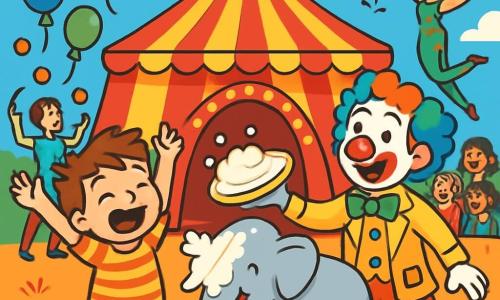 Léo, un petit garçon de 6 ans aux cheveux bruns en bataille et au grand sourire, porte un t-shirt rayé et un short bleu. Il saute de joie, les bras levés, devant le chapiteau du cirque. À ses côtés, Rigolo, un clown joyeux d'environ 30 ans avec un nez rouge, des cheveux colorés et de grandes chaussures multicolores, lance une tarte à la crème sur un éléphant amusé à ses pieds. Le chapiteau, décoré de rayures rouges et jaunes, brille sous un ciel bleu, tandis que des ballons colorés flottent et que des spectateurs rient et applaudissent. La scène montre Léo et Rigolo en préparation du spectacle, entourés de jongleurs et d'acrobates prêts à divertir le public.