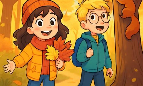 Une fille de 10 ans, aux cheveux bruns ondulés et aux yeux pétillants, se tient sur un sentier forestier, souriant avec émerveillement tout en ramassant des feuilles d'automne colorées. À côté d'elle, un garçon de 10 ans, aux cheveux blonds et lunettes rondes, observe un écureuil grimpant à un arbre, curieux. Ils explorent une forêt enchantée, remplis de joie et d'excitation, découvrant les merveilles de l'automne et partageant des rires sur la nature.