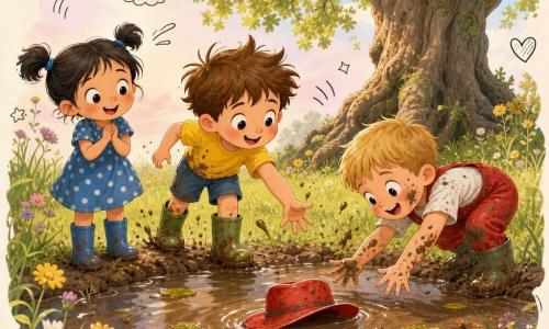 Trois enfants de 4 ans au bord d'une mare de boue dans un jardin : Léo, garçon aux cheveux bruns en bataille en t-shirt jaune et bottes vertes, se tient au centre et tend la main vers un chapeau rouge ; Mia, fille aux deux petites couettes et robe à pois bleu, est à gauche, souriante et chantonnante, les mains jointes ; Sam, garçon aux cheveux blonds en salopette rouge et taches de boue au visage, est à droite, penché en avant en train d'attraper le chapeau qui flotte, la scène montre des éclaboussures de boue, herbe haute, feuilles flottantes, un vieux chêne en arrière-plan, un ciel pastel, quelques fleurs sauvages et un esprit joyeux et aventureux avec des doodles (étoiles, notes, cœurs) autour.