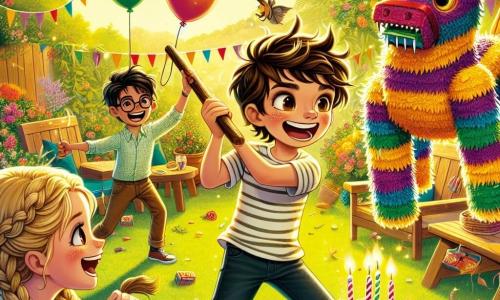Dans un jardin ensoleillé, Lucas, un garçon de 12 ans aux cheveux bruns en bataille, tient un bâton de piñata. À sa droite, Clara, 11 ans, aux cheveux blonds tressés, exprime son excitation, et à gauche, Max, 12 ans, porte des lunettes et rit en se préparant à frapper la piñata en forme de dragon. Le jardin est décoré de ballons colorés, de guirlandes scintillantes et de fleurs éclatantes. Une grande table en bois est chargée de gâteaux au chocolat et de bonbons, tandis qu'une piñata colorée pend au-dessus d'eux. La scène capture le moment où Lucas s'apprête à frapper la piñata, entouré de ses amis qui l'encouragent dans une ambiance festive.