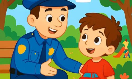 Un policier souriant en uniforme bleu et chapeau discute avec Léo, un garçon de 7 ans aux cheveux bruns et t-shirt rouge, qui admire le policier tout en tenant un jouet voiture. La scène se déroule dans un parc verdoyant avec des arbres et des fleurs, où d'autres enfants jouent. Le policier explique à Léo son rôle de protection, créant un moment chaleureux entre eux.