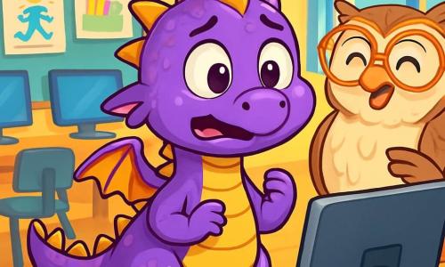 Un petit dragon violet nommé Pipo, avec des écailles brillantes et des yeux ronds, se tient devant un grand écran d'ordinateur, curieux et un peu nerveux. À côté de lui, une chouette souriante avec des lunettes l'encourage à parler. Le décor est une salle de classe lumineuse, remplie de couleurs vives, avec des affiches d'enfants et des ordinateurs sur des bureaux en bois. Pipo prend une grande inspiration avant de commencer sa présentation, entouré de camarades attentifs.