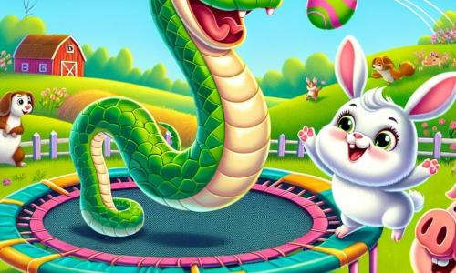 Un serpent nommé Sacha, avec des écailles vertes et des yeux malicieux, se tient sur un trampoline coloré, souriant joyeusement. À proximité, Léa la lapine, avec de grandes oreilles et un pelage blanc, applaudit avec admiration sur ses pattes arrière. Gaspard le cochon, rose et rond, se tient à côté du trampoline, tenant une pomme et prêt à encourager son ami. La scène se déroule dans une ferme animée, entourée de champs verdoyants et de fleurs, sous un ciel bleu, où d'autres animaux viennent admirer Sacha, qui réalise des sauts acrobatiques impressionnants en jonglant avec des œufs.