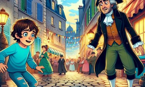 Un garçon de 12 ans, aux cheveux châtains en bataille et aux yeux curieux, se tient au centre de la scène. Il porte un t-shirt bleu vif et un jean déchiré, avec un regard émerveillé. À ses côtés, un homme d'une quarantaine d'années, vêtu d'un long manteau noir et d'un tricorne, cherche frénétiquement un médaillon en argent sur le sol. L'homme a une expression anxieuse, prêt à parler. Le décor est une ruelle pavée de Paris, avec des maisons en pierre aux volets colorés et des lampes à huile diffusant une lumière douce. Une foule joyeuse anime les rues. Le garçon vient de découvrir le médaillon scintillant sous une caisse en bois et tend la main pour le ramasser, tandis que l'homme l'observe avec espoir. L'excitation et le mystère de ce moment capturent l'essence d'un voyage dans le temps.