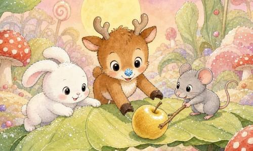 Petit renne brun clair au ventre blanc et étoile de givre bleue sur le nez, un lapin blanc à gauche tenant une feuille et une souris grise à droite poussant une pomme dorée avec une brindille se tiennent sur un pont de feuilles qui craque dans une forêt de sucre aux feuilles géantes, champignons rouges et poussière scintillante, lune basse et ciel pastel, scène d'entraide joyeuse en traits d'encre et aquarelle pastel.