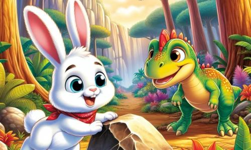 Un lapin curieux nommé Pipo, avec un pelage blanc et de grandes oreilles roses, saute joyeusement dans une forêt préhistorique. Il porte un petit foulard rouge et regarde autour de lui avec émerveillement. À ses côtés, un dinosaure à plumes colorées nommé Dino, avec des écailles vertes et des plumes jaunes, sourit amicalement. Ils se tiennent près d'une grande pierre qui bloque un chemin, entourés de plantes géantes et de fleurs éclatantes. La forêt est baignée de lumière dorée, avec de grands arbres et des fougères luxuriantes. Pipo et Dino poussent ensemble la pierre, déterminés à libérer le chemin vers l'eau, illustrant leur amitié et leur esprit d'aventure.