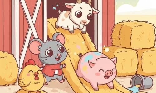 Rémi, un petit rat malicieux aux grandes oreilles et veste rouge, pousse une botte de foin qui fait doucement glisser Gaston le cochon, rose et joyeux, sur un toboggan devant une grange rouge à porte à moitié fermée; Margot la poule picore en riant à gauche près d’un tas de foin, Mimi la chèvre, blanche tachetée, est prête à sauter du sommet, tandis qu’un seau renversé répand de la peinture vive et laisse des traces de pattes sur la terre; scène colorée et animée, lumière douce de fin d’après-midi, style rond, couleurs vives, contours propres et expressions adorables, composition lisible pour un enfant.