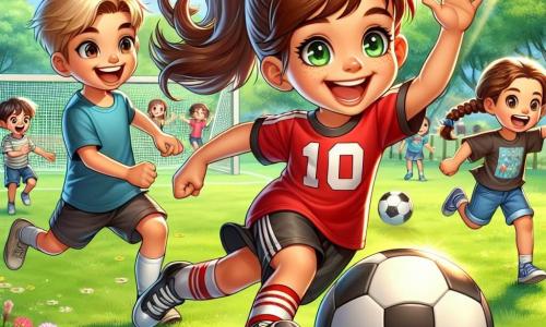 Sonia, une fille de 10 ans avec des cheveux bruns en queue de cheval, porte un maillot de football rouge et un short noir. Elle sourit en dribblant sur le terrain. À ses côtés, un garçon de 9 ans avec des lunettes et des cheveux blonds l'encourage, tandis qu'une petite fille de 8 ans avec des tresses et un t-shirt bleu court vers elle en demandant le ballon. Le parc ensoleillé est entouré d'arbres et de fleurs, avec d'autres enfants jouant au loin. Sonia tire le ballon avec force, tandis que les autres enfants se rassemblent autour d'elle, impatients de jouer ensemble.