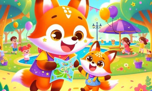 Un petit renard joyeux nommé Renou danse dans un parc ensoleillé, tenant une carte colorée. À côté de lui, son papa renard, au pelage brun doré, le regarde avec fierté tout en tenant un chapeau violet décoré d'étoiles. Le parc est rempli de fleurs colorées et d'arbres verdoyants, créant une ambiance festive. La scène montre Renou et son papa partageant un moment joyeux pour la fête des pères.