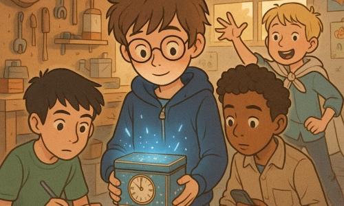 Quatre garçons dans un garage transformé en atelier lumineux et un peu en désordre : Malo (≈11 ans) au centre-front, cheveux châtains en bataille, lunettes rondes, veste à capuche bleu marine, tient une petite boîte à biscuits métallique décorée d’une vieille horloge ; Noé (≈12 ans) accroupi à gauche, cheveux noirs courts, t-shirt vert, carnet à carreaux et stylo, regarde la boîte avec concentration ; Samir (≈12 ans) à droite, peau brune, cheveux bouclés courts, chemise manches retroussées, observe un petit écran ou un câble avec prudence ; Léo (≈11 ans) légèrement en arrière à droite, cheveux blonds, cape improvisée, sourire malicieux, prêt à agir. La boîte posée sur un établi poussiéreux émet une lueur bleuâtre, petits éclats lumineux et légère distorsion d’air suggérant l’ouverture d’une fenêtre temporelle ; arrière-plan : établi en bois, outils accrochés, étagères à bocaux, horloge ancienne, fenêtre laissant une lumière chaude de fin d’après-midi et quelques posters enfantins ; ambiance chaleureuse, expressions mêlant émerveillement et prudence, couleurs tendres et contrastes doux, style bande dessinée détaillée.