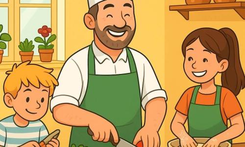 Chef Malo, un homme souriant d'une quarantaine d'années avec une toque blanche et un tablier vert, coupe des légumes colorés sur un plan de travail en bois, entouré de pots d'herbes aromatiques. À ses côtés, Léa, une jeune fille de 12 ans aux mains couvertes de farine, prépare une pâte à tarte, tandis qu'Hugo, un garçon de 10 ans, épluche des carottes. La scène se déroule dans une cuisine lumineuse aux murs jaune pastel, décorée de pots de fleurs et de casseroles en cuivre. L'ambiance est joyeuse et animée, avec une équipe de chefs préparant un grand dîner bio.