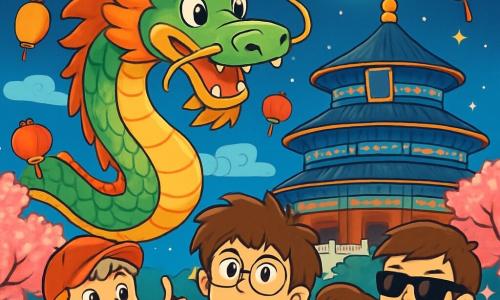 Quatre enfants se tiennent devant un dragon céleste au Temple du Ciel à Pékin. Arthur, 10 ans, avec des cheveux bruns et des lunettes rondes, est au centre, émerveillé. Lucas, également 10 ans, avec des cheveux blonds et une casquette rouge, est à gauche, souriant et pointant le dragon. Hugo, 10 ans, avec des cheveux noirs et des lunettes de soleil, est à droite, les bras croisés et déterminé. Maxime, avec des cheveux châtains et un pull vert, est légèrement en arrière, pensif. Le temple, ancien et orné, est illuminé par la lune pleine et des cerisiers en fleurs, créant une ambiance magique. Les enfants sont captivés par le dragon aux écailles brillantes, prêts à résoudre sa devinette dans une atmosphère d'aventure.