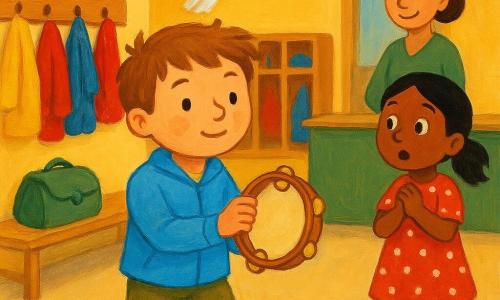 Léo, 6 ans, visage rond, cheveux châtain clair en bataille, porte une veste bleue claire et un pantalon kaki; il sort du vestiaire en tenant délicatement un petit tambourin rond aux grelots dorés qui tinte. Mila, aussi 6 ans, cheveux noirs en couette et robe rouge à pois blancs, regarde, surprise et soulagée, mains jointes contre la poitrine près d’un casier. La maîtresse, femme d’environ 35 ans aux cheveux attachés, en jupe verte, sourit derrière le bureau. Le vestiaire montre un banc en bois clair, des manteaux colorés accrochés, des casiers bas, un sac de sport vert légèrement ouvert, une petite fenêtre haute entrouverte avec un rideau blanc qui ondule et crée un courant d’air faisant bouger un manteau bleu; une paillette dorée brille au sol près d’un pas et deux plumes grises sont au sol. Ambiance lumineuse douce, couleurs chaudes et contrastes nets, style peinture acrylique enfantine, traits simples et expressifs.