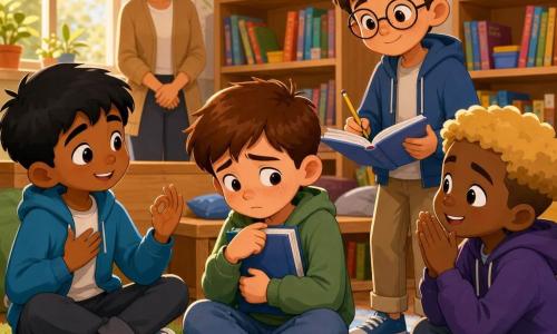 Quatre garçons de 9 ans dans le coin bibliothèque de la classe : Malo, châtain aux taches de rousseur, au centre au premier plan, serre un livre relié bleu et lit à voix haute en butant sur un mot, hésitant et respirant profondément ; Yanis, cheveux noirs, assis sur l’herbe synthétique à gauche, sourit et fait un geste de respiration pour l’encourager ; Hugo, plus grand et portant des lunettes rondes, se tient légèrement derrière à droite avec un crayon et un livre ouvert, posture rassurante ; Sacha, blond et malicieux, applaudit silencieusement près du visage à droite au premier plan. Derrière eux, un banc en bois clair, des étagères hautes remplies de livres, affiches et dessins aux murs ; la maîtresse sourit en arrière-plan, mains jointes. Lumière chaude du matin, ambiance rassurante, couleurs vives et textures papier et bois marquées.