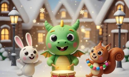 Petit dragon vert en pâte à modeler, rond et mignon, frappe doucement un tambour rouge et doré d'où jaillit une douce lumière dorée ; à gauche, un petit lapin blanc aux longues oreilles saute et applaudit, à droite un petit écureuil roux à la queue touffue danse en tenant une guirlande ; en arrière-plan, village enneigé aux maisons en bois et toits blancs, neige scintillante, ambiance chaleureuse et festive de Noël.