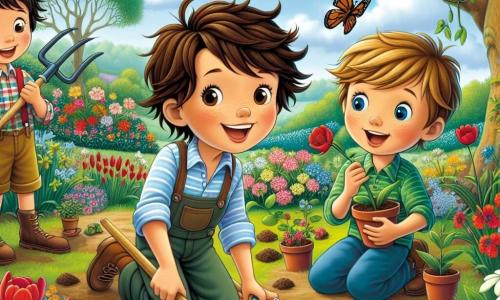 Au centre de l'image, Max, un garçon de douze ans avec des cheveux bruns en bataille et un sourire éclatant, tient une pelle et un pot de fleurs. À sa droite, Lucas, également âgé de douze ans, s'accroupit pour planter une graine. À gauche, Tom, avec des cheveux châtains et des lunettes rondes, observe une coccinelle. Leur jardin, rempli de fleurs colorées, est animé par un vieux chêne et des papillons. Le ciel est bleu avec quelques nuages. Les trois amis plantent des fleurs ensemble, partageant rires et histoires, illustrant la joie de l'amitié au printemps.
