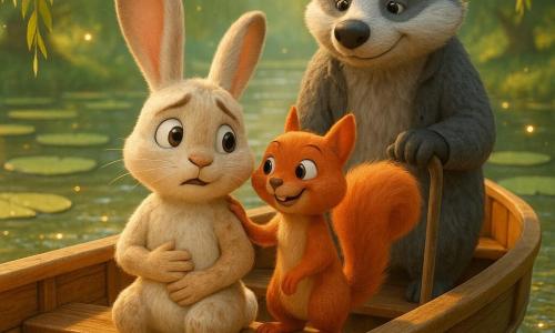 Léo le lapin, jeune aux grandes oreilles et pelage crème tacheté de beige, yeux ronds, assis sur le pont en bois du bateau-bus, mains sur le ventre, expression à la fois inquiète et soulagée ; Noisette l'écureuil roux, queue touffue, debout à côté de lui, une patte sur son épaule, sourire rassurant ; Grisou le blaireau âgé, pelage gris et noir, appuyé sur une canne, posture sage et bienveillante en retrait. Scène sur un bateau-bus en bois vernissé flottant sur une rivière miroitante entourée de nénuphars géants, saules aux branches tombantes et lucioles dorées, lumière douce de fin de matinée aux tons verts et dorés, reflets chatoyants. Situation : Léo apprend à calmer son anxiété en répétant une phrase rassurante ; décor chaleureux et sûr, composition centrée sur les trois personnages, atmosphère tendre et apaisante, textures visibles (poils, bois, eau scintillante).
