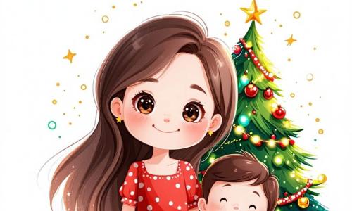 Célestine, une petite fille de 5 ans aux longs cheveux bruns et aux yeux pétillants, se tient devant un sapin de Noël décoré. Elle porte une robe rouge à pois blancs et sourit joyeusement. À ses côtés, son frère Léo, 3 ans, aux joues rondes et cheveux blonds en bataille, admire le sapin en tenant un biscuit en forme d'étoile. La scène se déroule dans un salon chaleureux aux murs bleu ciel, avec des guirlandes scintillantes et un tapis moelleux. Célestine et Léo chantent des chansons de Noël, entourés de biscuits et de cartes de vœux, tandis qu'une douce neige tombe à l'extérieur.