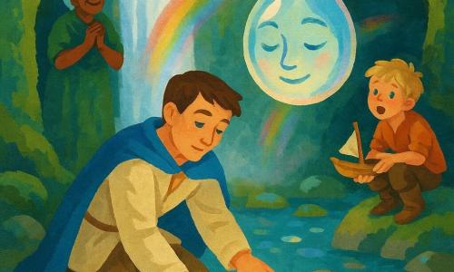 Éloi, jeune homme serein aux yeux bleu clair et veste en lin crème, plonge les mains dans un bassin pour déposer une petite goutte lumineuse sur une pierre, tandis que la Goutte‑Mère, gros éclat translucide aux reflets d'arc‑en‑ciel et visage de lumière, flotte au‑dessus de l'eau; une vieille femme ridée en robe verte, mains jointes, et un garçon aux cheveux blonds tenant un petit bateau en bois regardent émerveillés depuis l'entrée de la grotte au pied d'une grande cascade, murs couverts de mousse, pierres luisantes, fines nappes de vapeur et arcs‑en‑ciel suspendus; la goutte apaise la source, les cercles lumineux calment le bassin, dispersent une brume colorée et rendent clarté et joie à la grotte.
