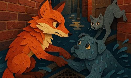 Renard roux (Silex) en papier orange/crème, allongé et tendant la patte pour tirer une chatte grise (Mouche) agile et surprise-soulagée, aide aussi un chien musclé gris-bleu (Brume) à grimper sur une grille ouverte ; pie perchée au-dessus, ruelle étroite de nuit aux murs de briques texturées, eau montante en vagues bleu foncé, flaques réfléchissantes et lampadaires, planche sur la porte métallique et craie gravée au premier plan, composition diagonale aux contrastes chaud/froid, textures découpées et éclaboussures stylisées.